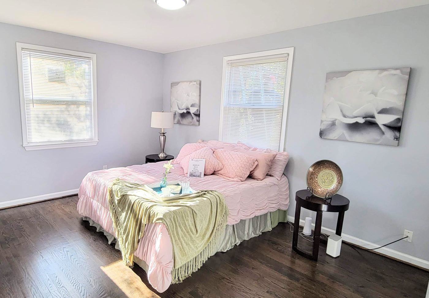 Bedroom after renovation, staged